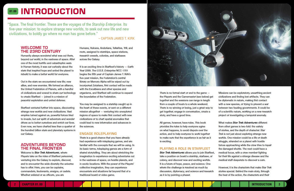 Starship Enterprise exploring space, flying past a planet and a cosmic anomaly