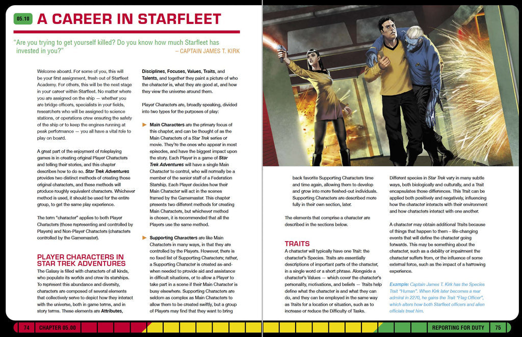 Starfleet officers: A woman in yellow fires a phaser, a man in yellow carries an injured blue alien