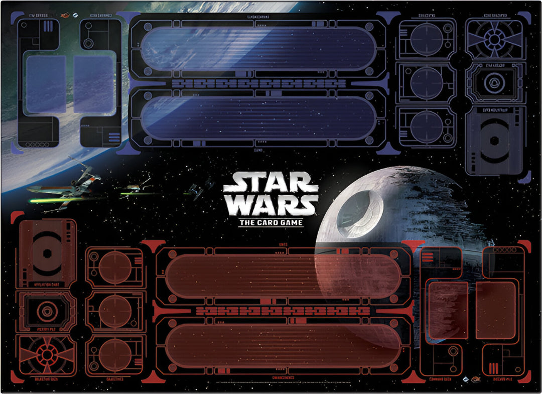 Star Wars The Card Game playmat with blue/red zones, X-wings battle TIEs near Death Star