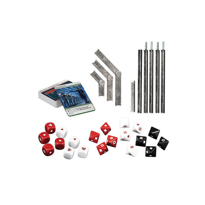 Tabletop game components: cards, specialized red/white/black dice, and grey modular terrain pieces