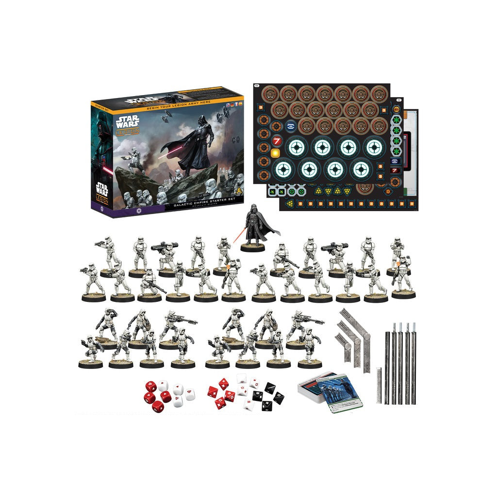 Star Wars: Legion Galactic Empire Starter Set with Darth Vader and Stormtrooper miniatures, box, dice, and tokens