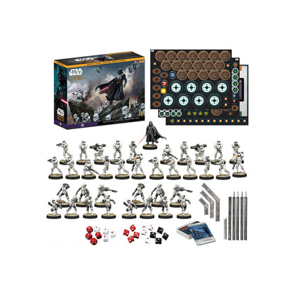 Star Wars: Legion Galactic Empire Starter Set with Darth Vader and Stormtrooper miniatures, box, dice, and tokens