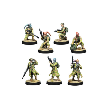 Seven painted sci-fi soldier miniatures (Rebels/Mercenaries) in camo uniforms, holding various weapons