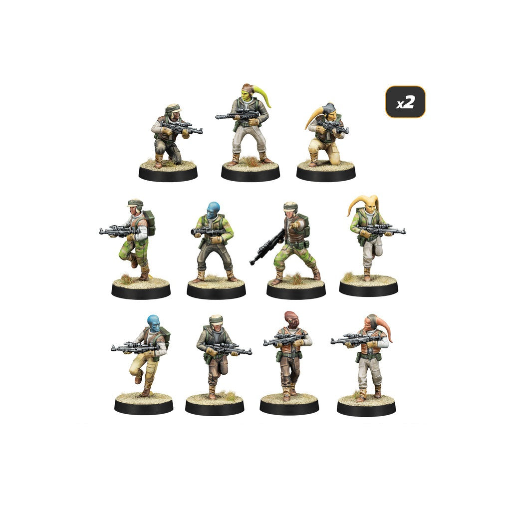 Twelve painted miniature sci-fi infantry figures (Rebel Troopers/aliens) posed with blasters on bases