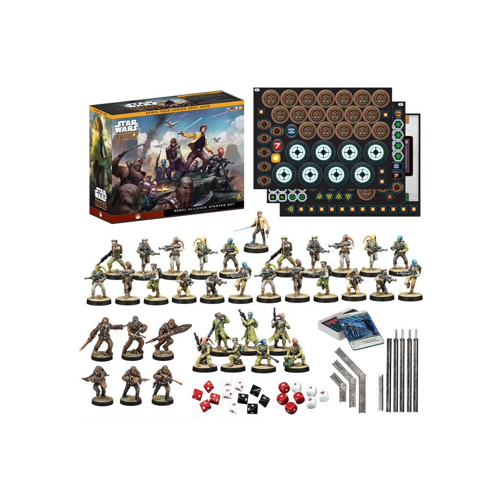 Star Wars: Legion Rebel Alliance Starter Set with all components: box, miniatures, tokens, dice, and accessories