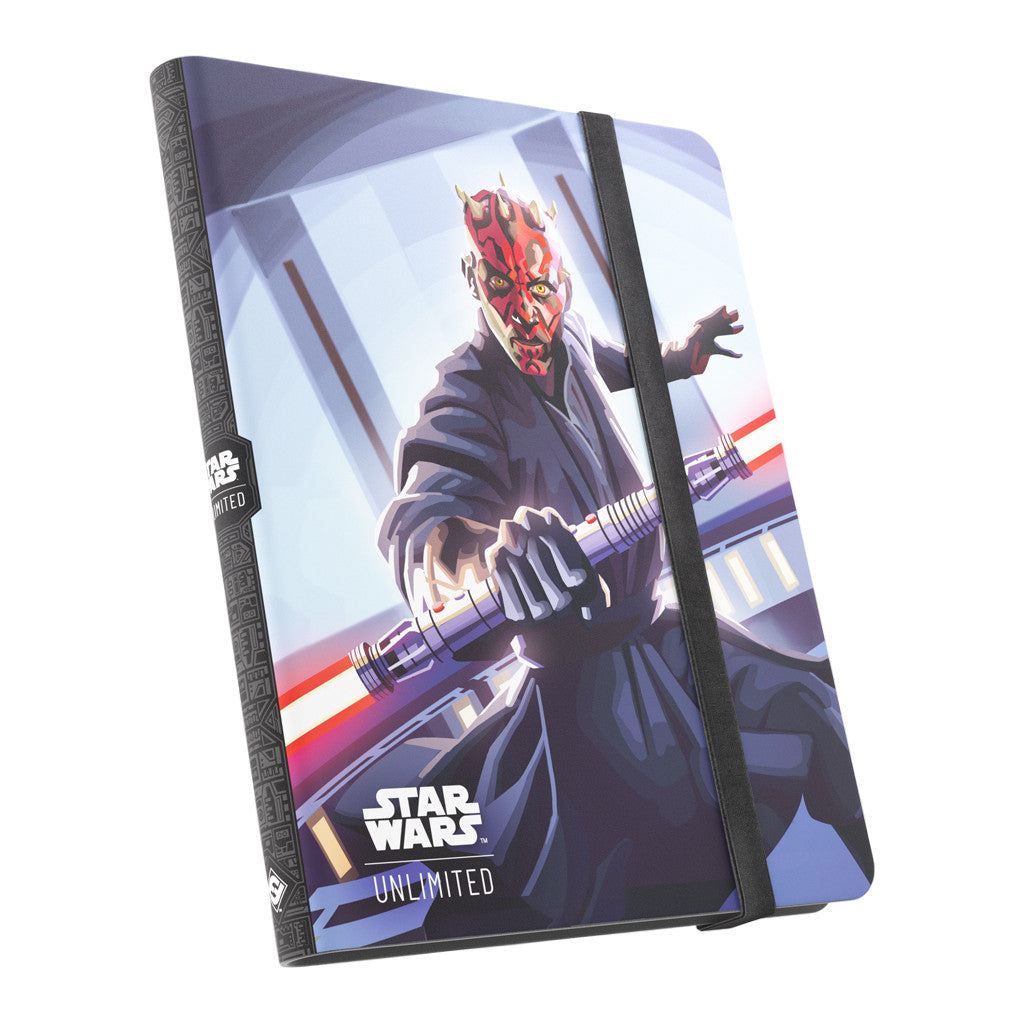 A Star Wars Unlimited Album featuring Darth Maul, with red skin and horns, holding his double-bladed red lightsaber
