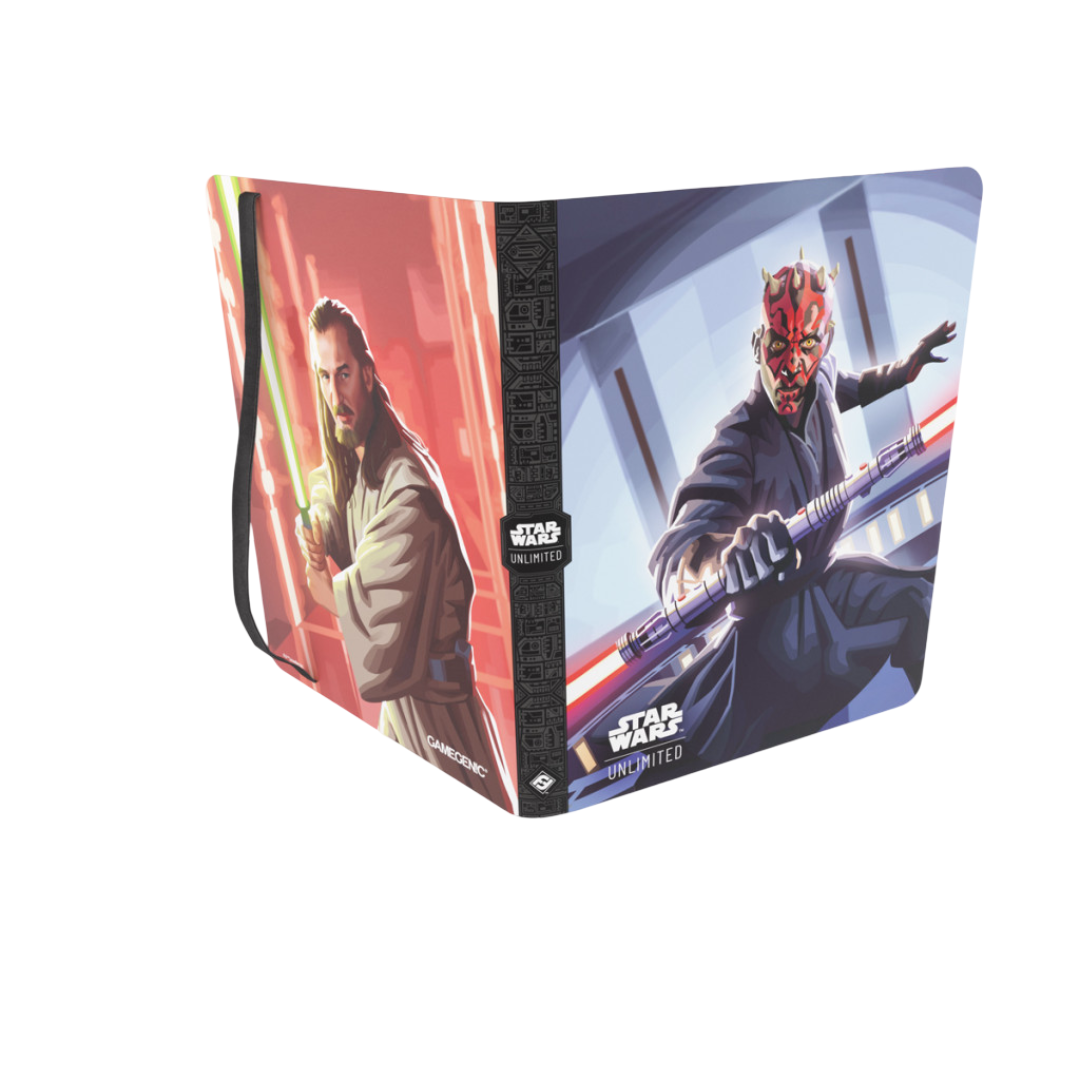 Star Wars album showing Qui-Gon Jinn with a green lightsaber on left and Darth Maul with a red double-bladed lightsaber on right