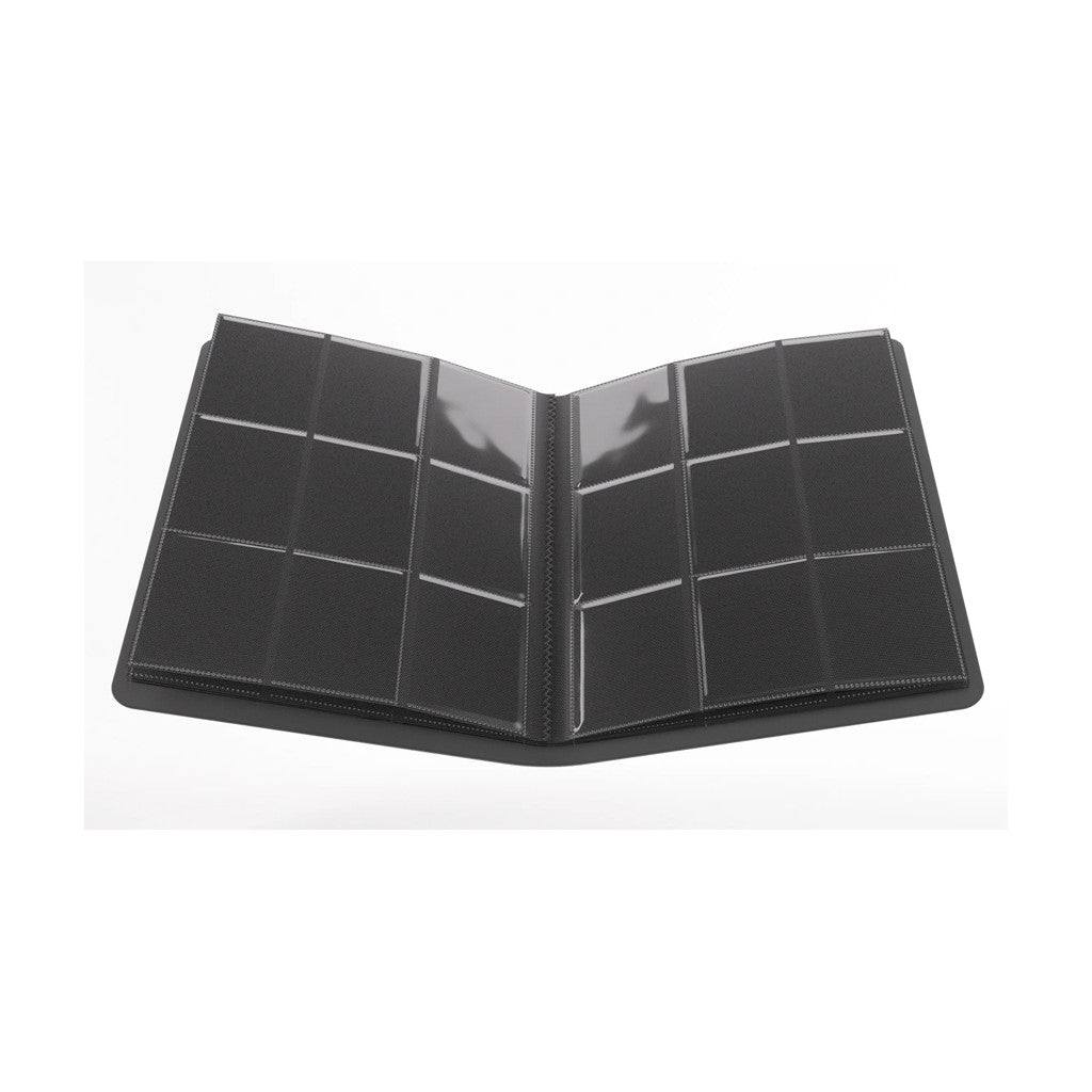 A black album with clear plastic sleeves for holding cards, opened to display multiple empty slots