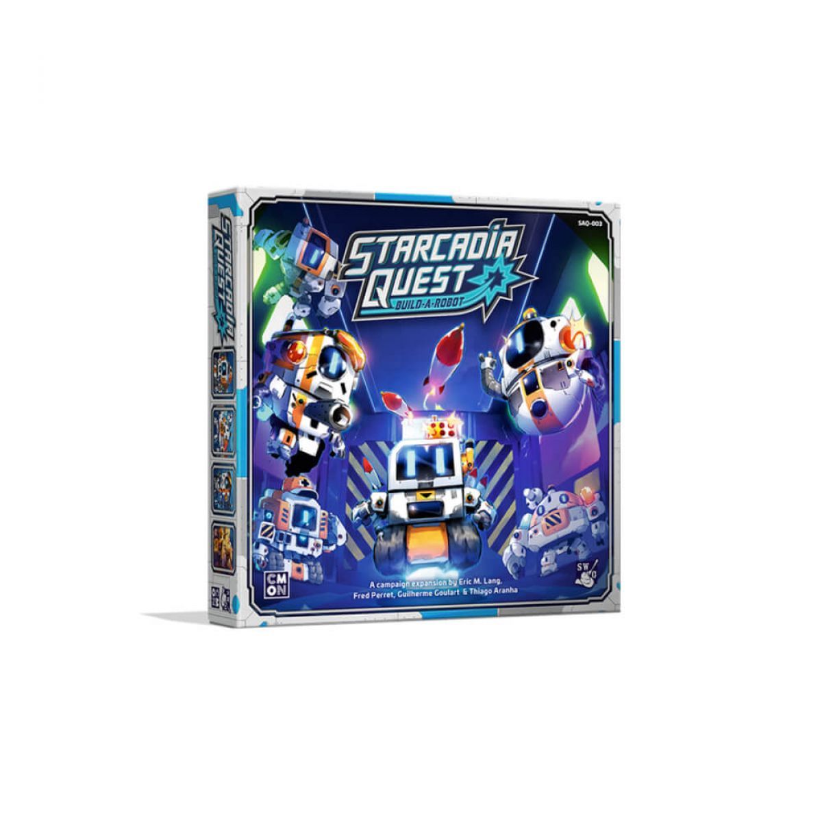 Starcadia Quest: Build-A-Robot board game box featuring colorful robots, one being assembled with floating parts