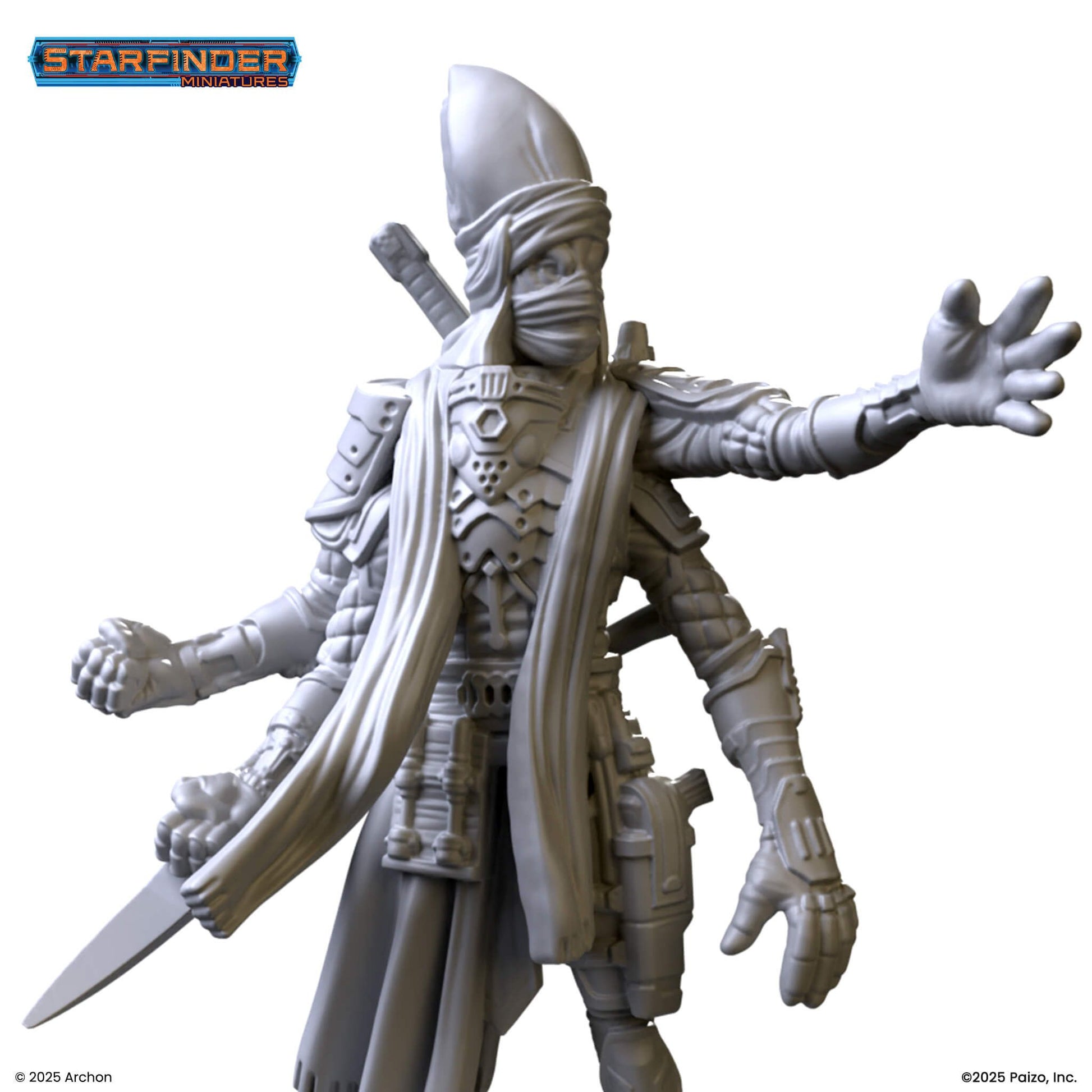Unpainted Starfinder miniature: a four-armed figure in a tall headdress and face mask, holding a knife and gesturing