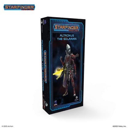 Starfinder Miniatures: Altronus The Solarian box, featuring a four-armed, masked warrior holding a glowing yellow weapon