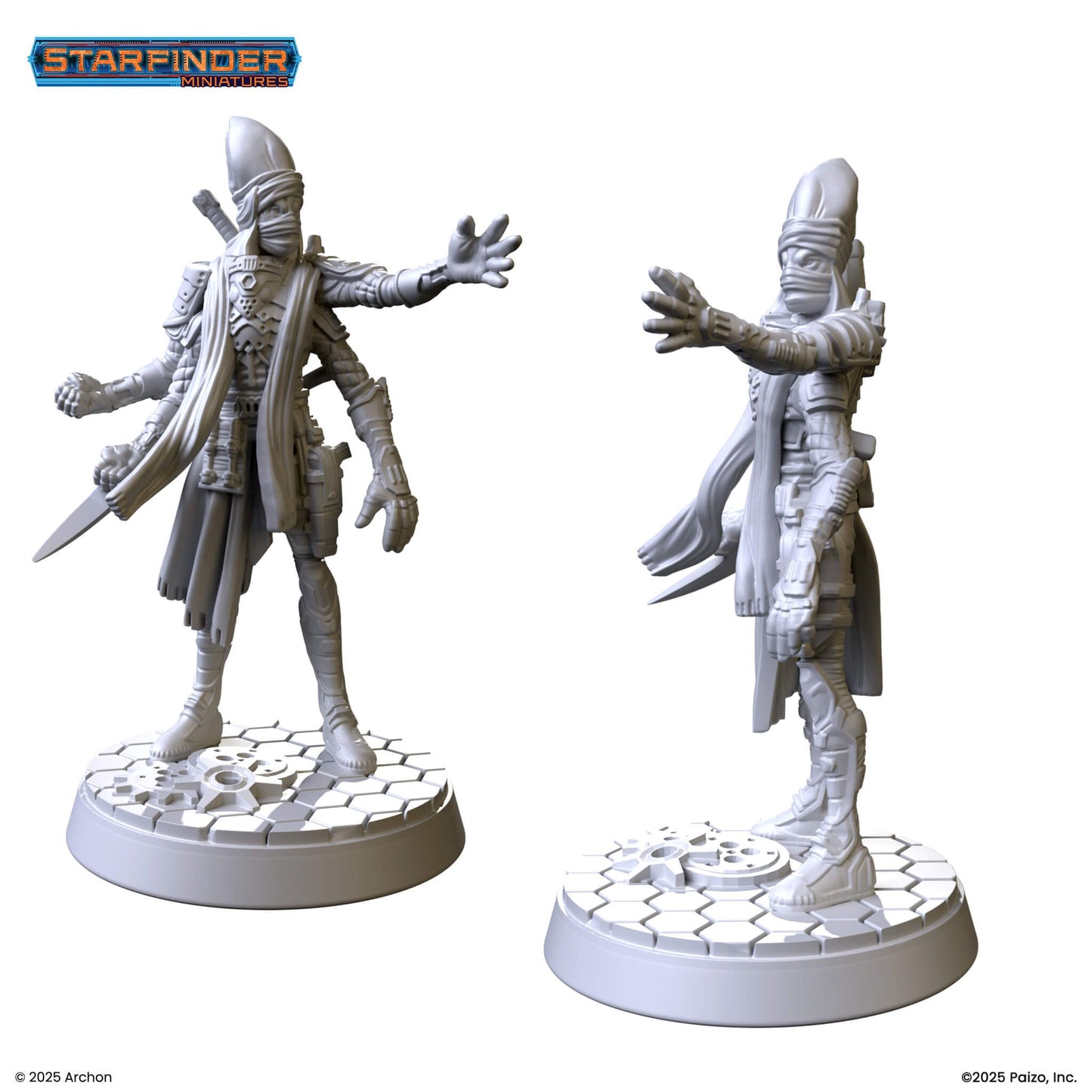 Two Unpainted Starfinder miniatures: a four-armed, armored character with a wrapped face, one hand extended for casting, another holding a dagger