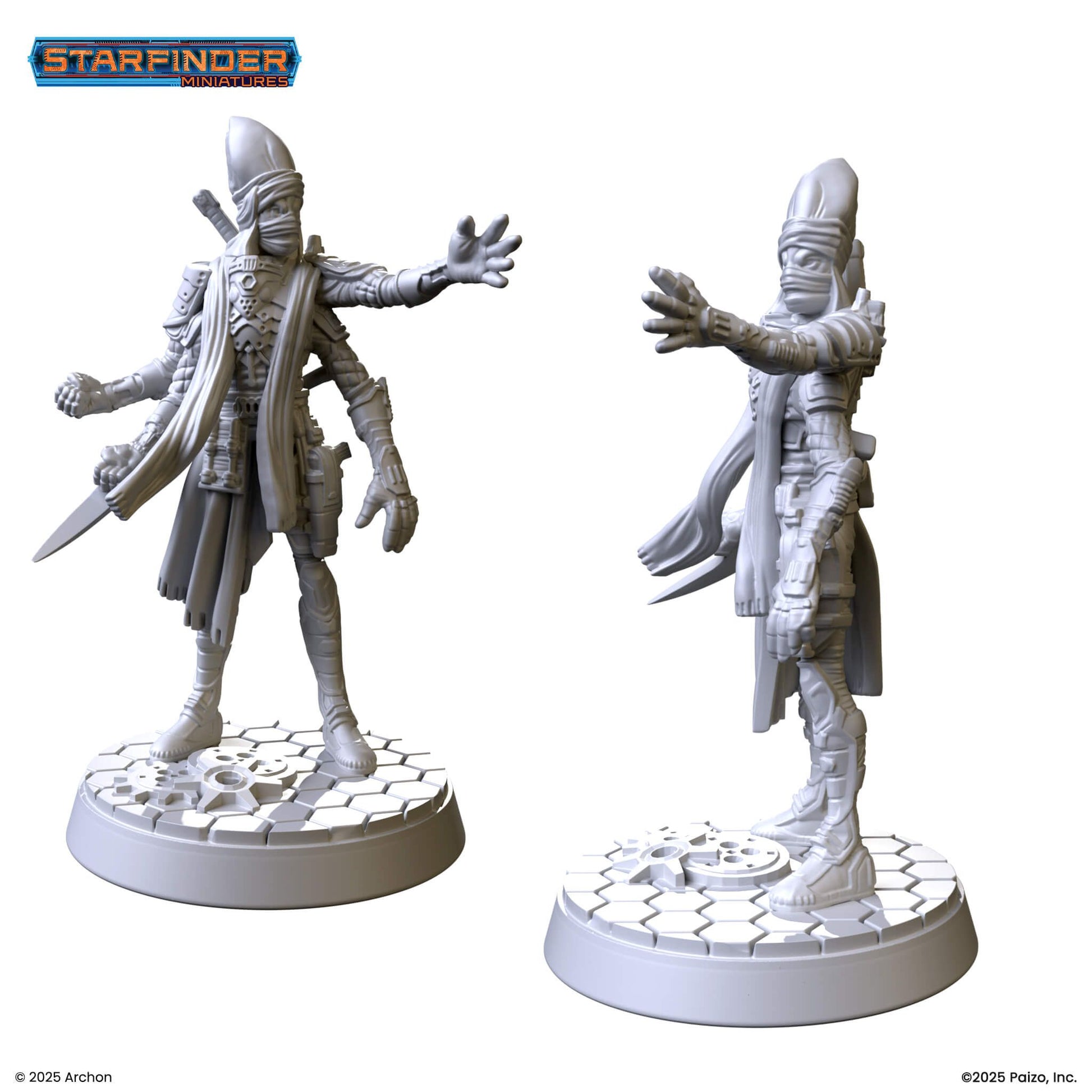 Two Unpainted Starfinder miniatures: a four-armed, armored character with a wrapped face, one hand extended for casting, another holding a dagger