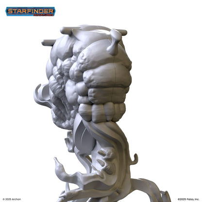 Unpainted Starfinder alien miniature with a bulbous, segmented body and flowing, spiky tendrils