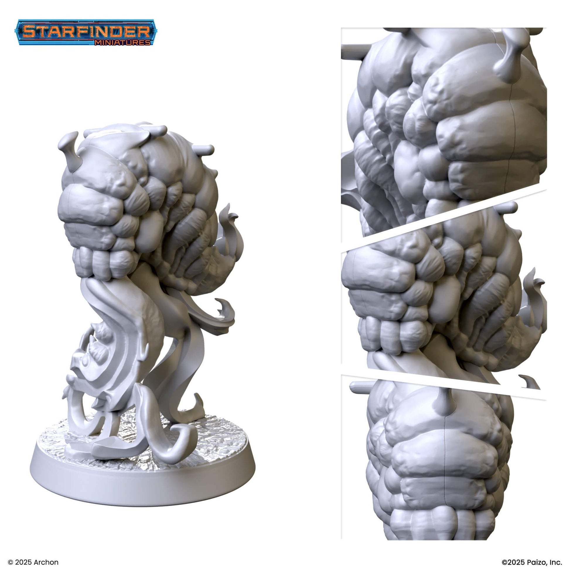 Unpainted Starfinder miniature of a large, segmented, fleshy monster with tentacles on a textured base