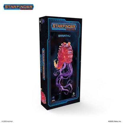 Starfinder Miniatures 'Barathu' box, featuring a red, brain-like alien with glowing orange and purple tentacles