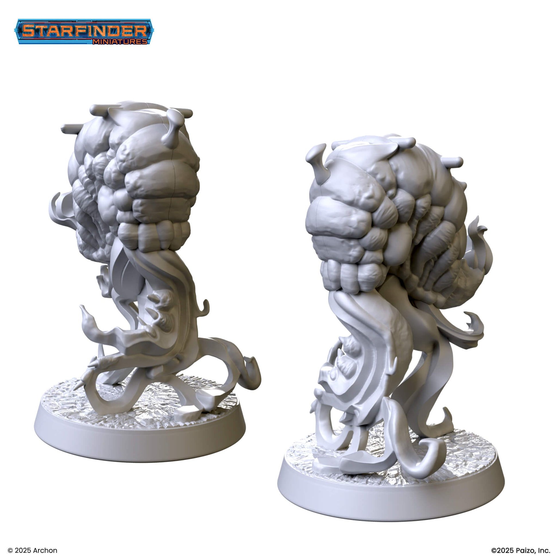 Two unpainted Starfinder miniatures of an alien creature with a bulbous body and swirling tendrils