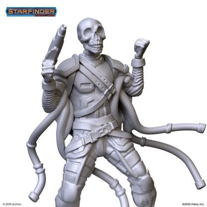 Unpainted Starfinder miniature: A skeletal warrior in futuristic armor, holding a blaster with tubes