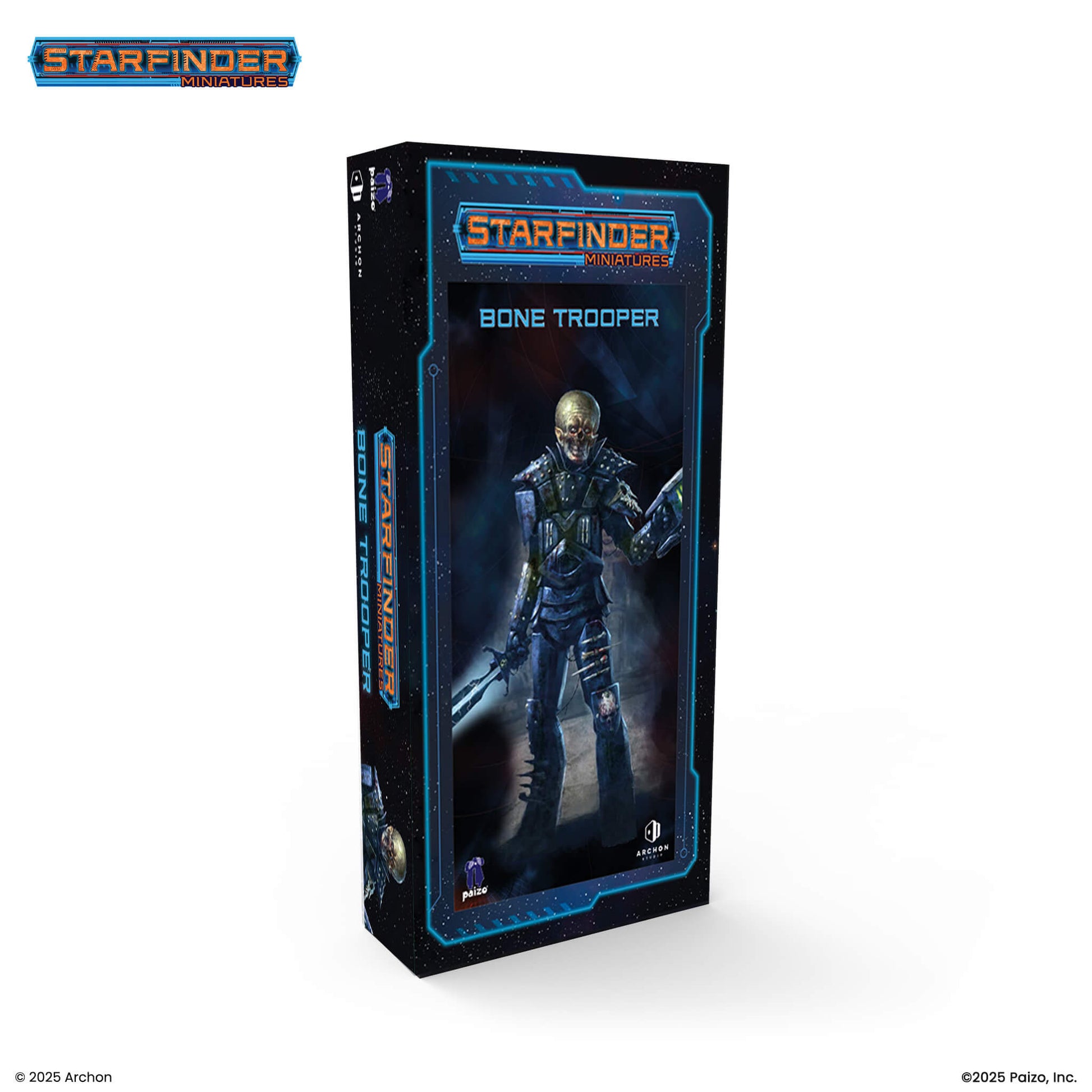 Starfinder Miniatures: Bone Trooper box with an armored, skeletal warrior holding a glowing sword