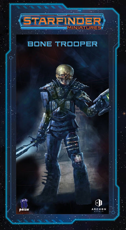 Bone Trooper from Starfinder Miniatures: A skeletal warrior in dark armor holds a glowing sword and blaster