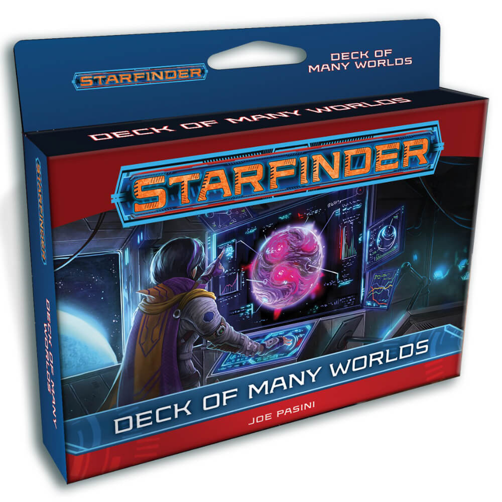 Box for Starfinder: Deck of Many Worlds. Cover art shows a figure in a sci-fi control room, interacting with screens displaying a glowing pink planet