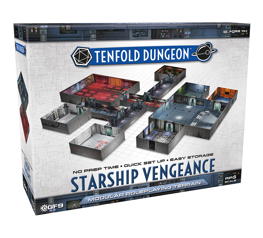 A Tenfold Dungeon: Starship Vengeance product box, featuring assembled modular sci-fi RPG terrain pieces