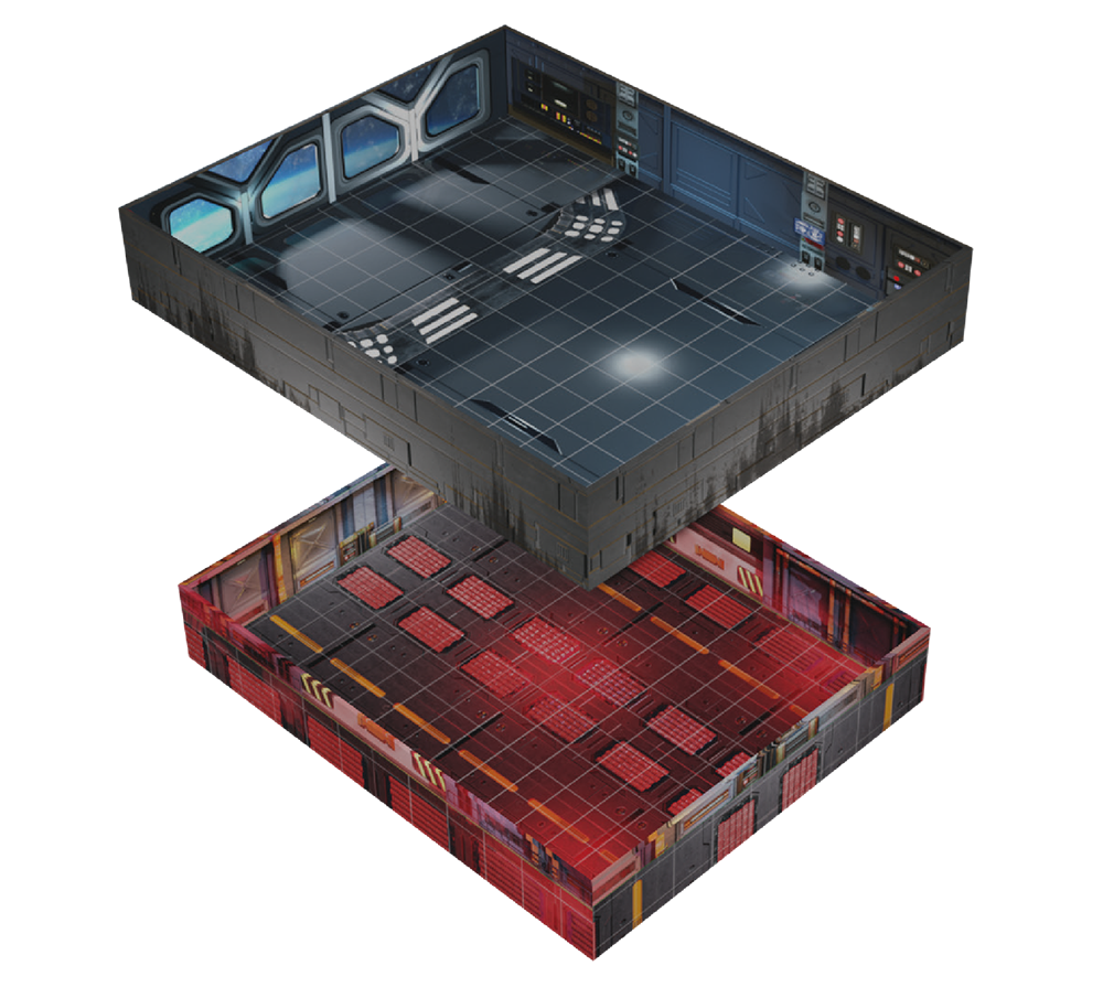 Two isometric sci-fi map tiles: a grey spaceship bridge with large windows and a red industrial reactor room