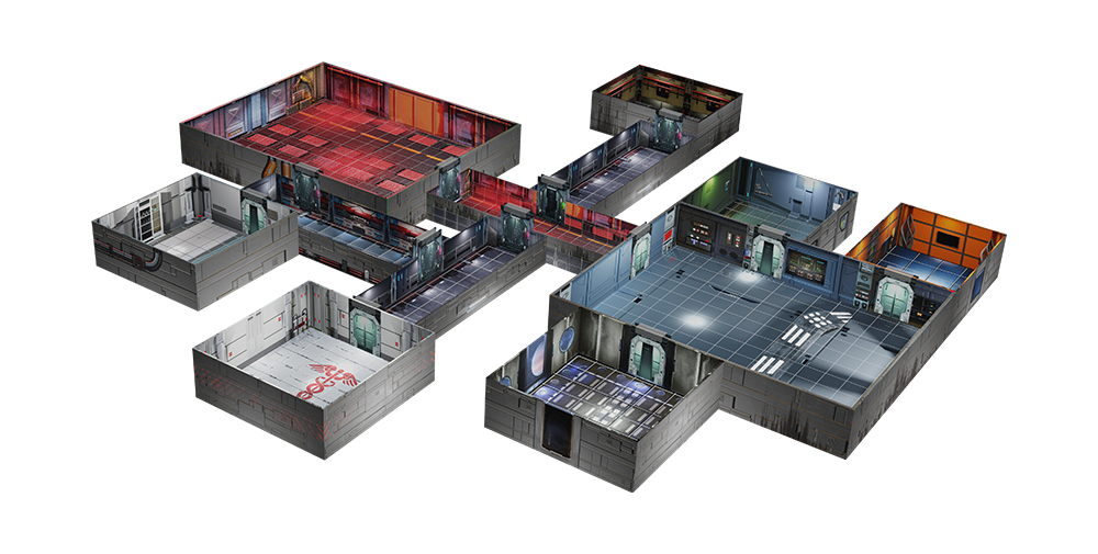 An isometric map of a futuristic sci-fi base or spaceship interior, showing various rooms like control, medical, and power sections