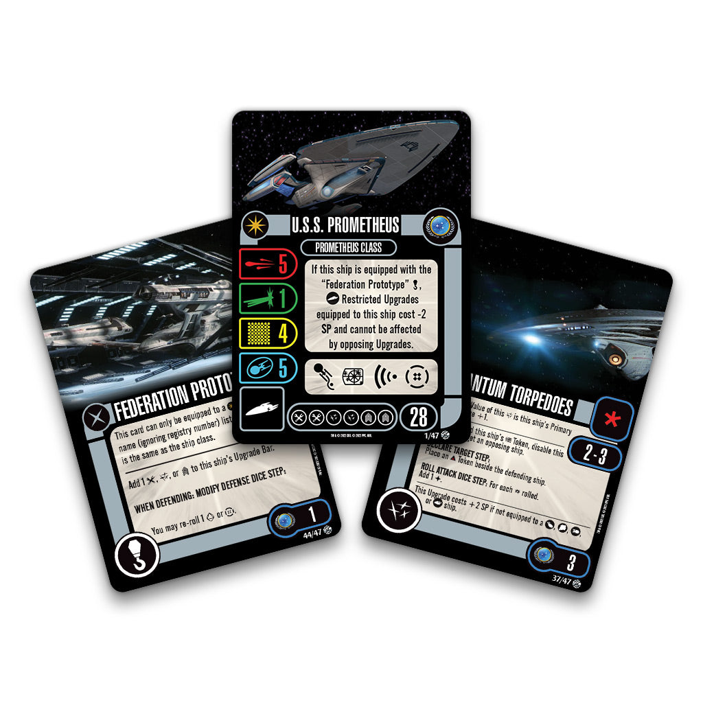 Three Star Trek game cards, centered on the U.S.S. Prometheus starship card with illustration and stats