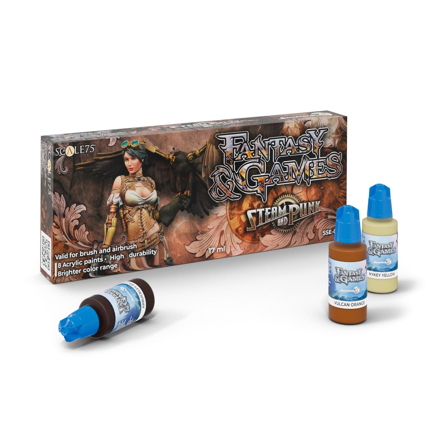 Scale75 Steampunk acrylic paint set box, featuring a woman and mechanical bird, with three paint bottles.