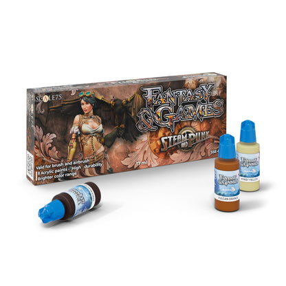 Scale75 Steampunk acrylic paint set box, featuring a woman and mechanical bird, with three paint bottles.