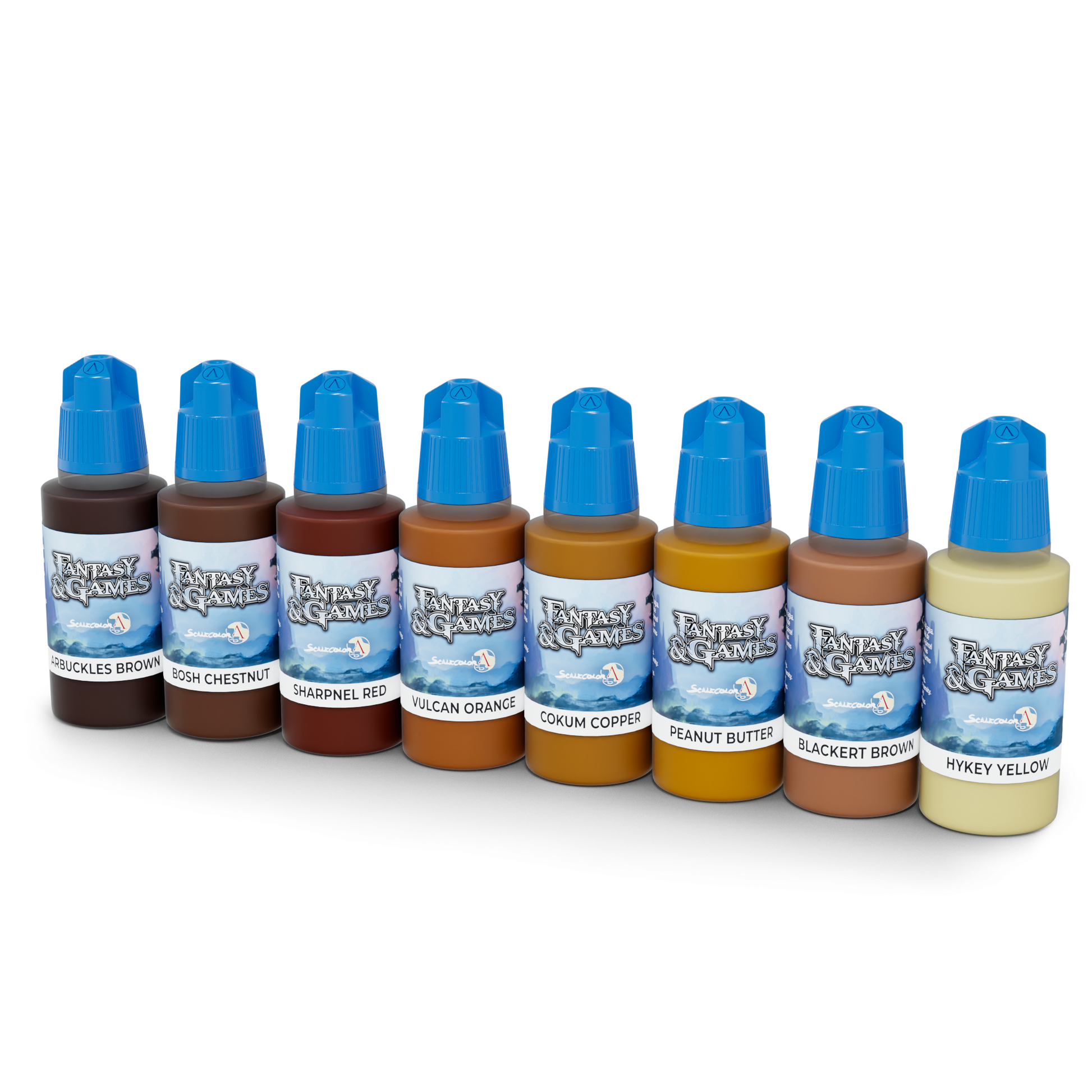 Nine dropper bottles of 'Fantasy & Games' paints line up. Colours range from dark brown to light yellow, each with a blue cap.