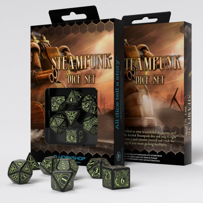 Two Steampunk Glow In The Dark RPG Dice Set boxes and several black dice with glowing green numbers and gears are displayed