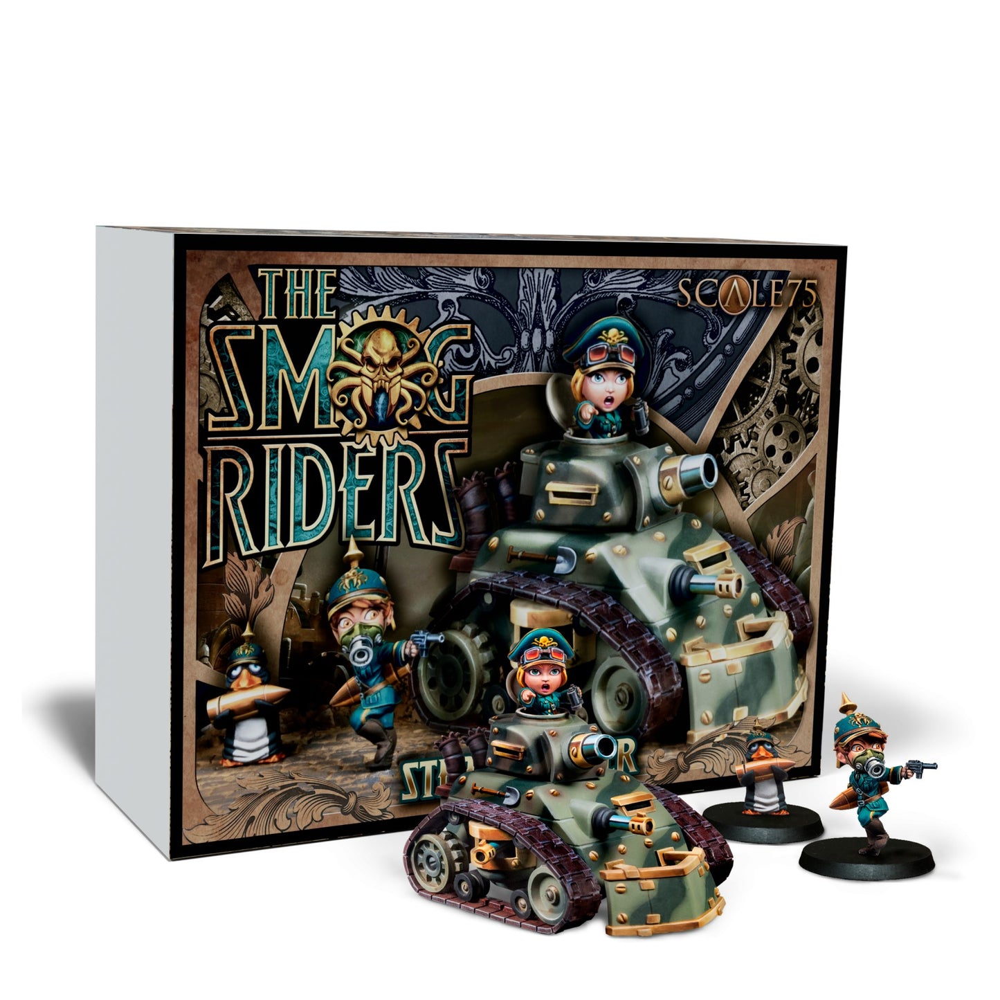 The Smog Riders miniature set by Scale75. Includes chibi tanks with drivers, a gas-masked soldier, and a penguin holding a bullet.
