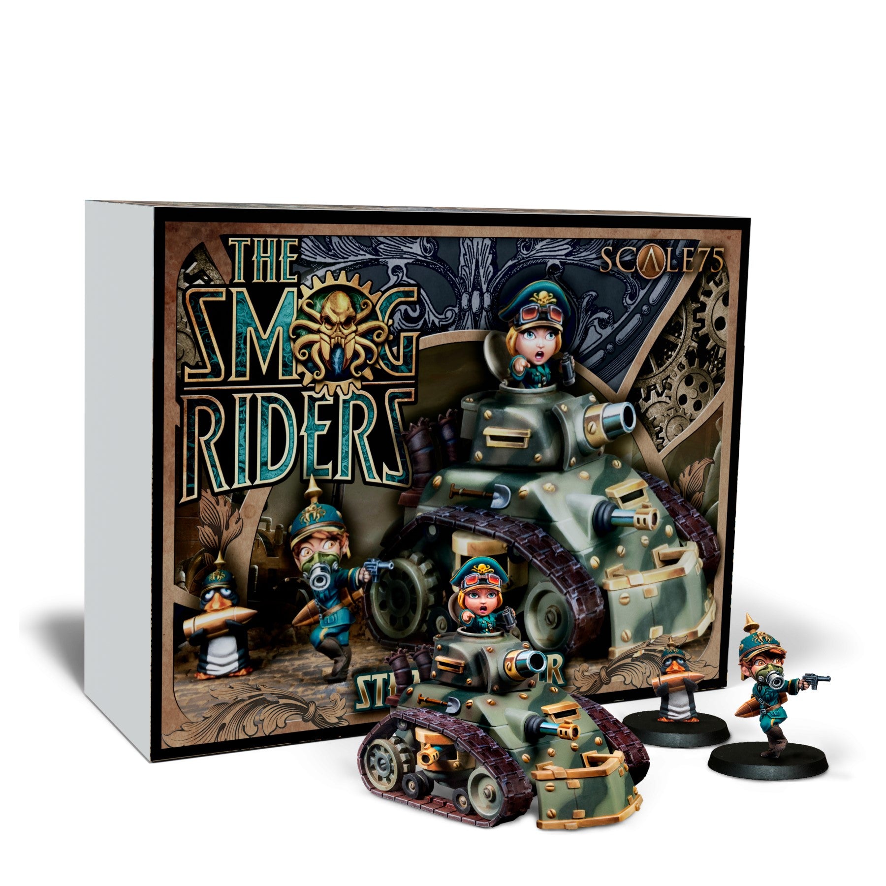 The Smog Riders miniature set by Scale75. Includes chibi tanks with drivers, a gas-masked soldier, and a penguin holding a bullet.