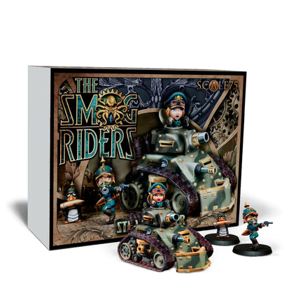 The Smog Riders miniature set by Scale75. Includes chibi tanks with drivers, a gas-masked soldier, and a penguin holding a bullet.