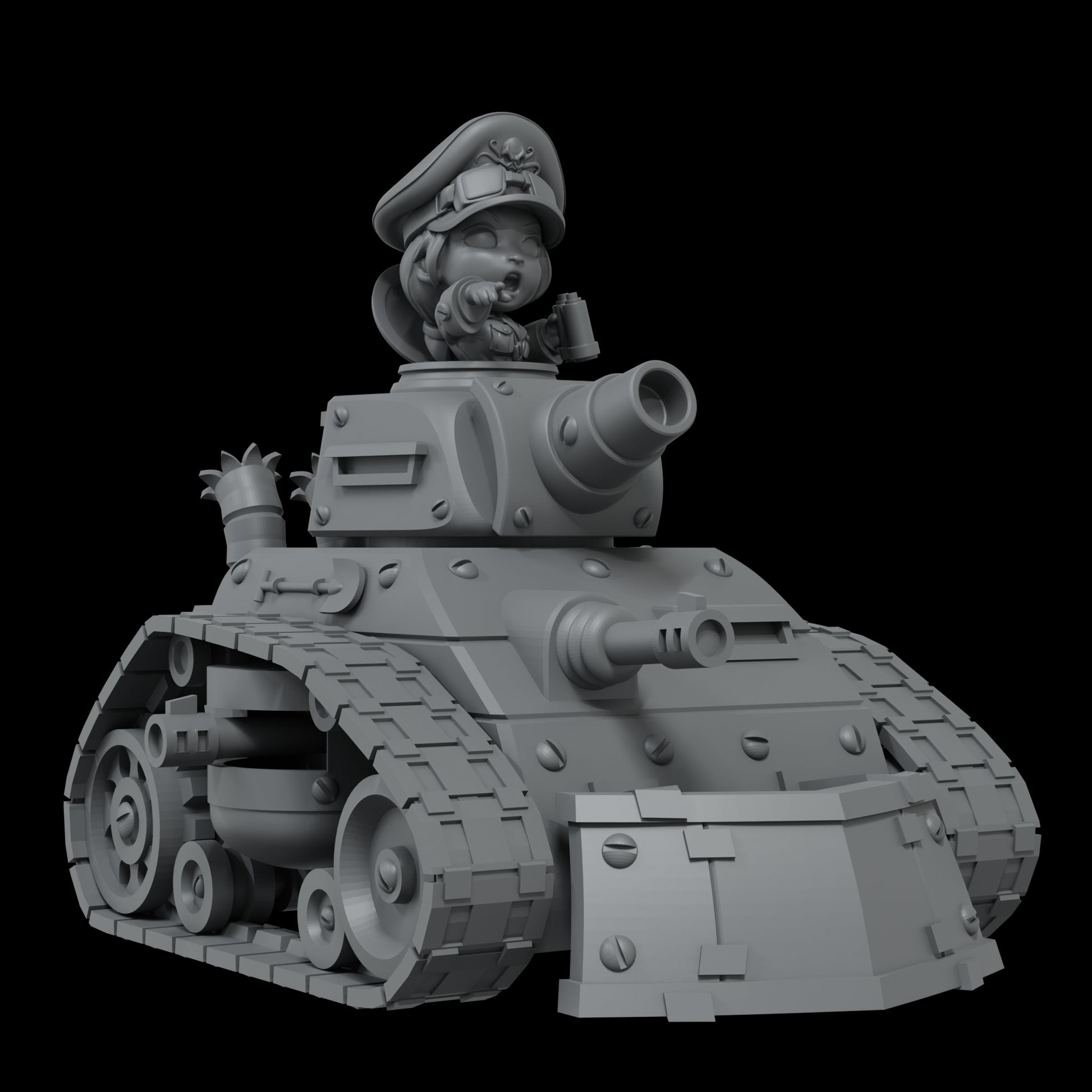 Gray 3D render of a cartoon tank with a small, military-capped character emerging from the turret, holding binoculars and pointing.