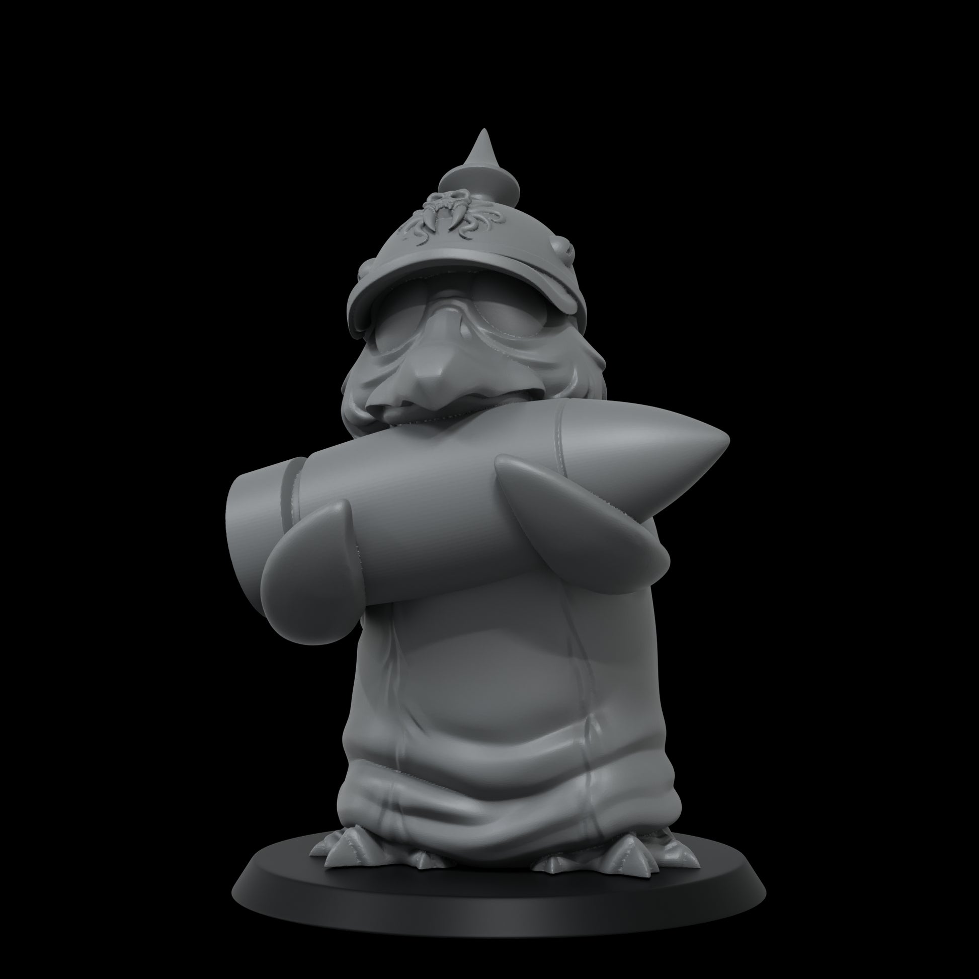 A grey gnomish figure wearing a spiked helmet and goggles, tightly gripping a large rocket across its chest.