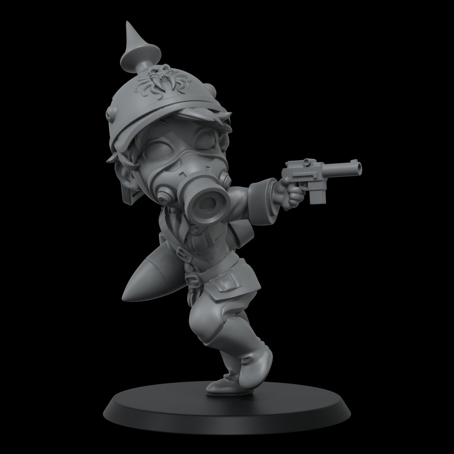 Gray chibi soldier in spiked helmet and gas mask, aiming pistol. Large bullet attached to leg.