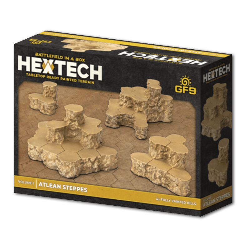 Product box for Hextech Battlefield in a Box: Atlean Steppes, showing 4 fully painted, tan, hex-based tabletop terrain hills.