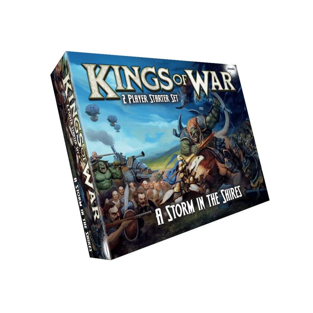 Kings of War A Storm in the Shires 2-player starter set box. Artwork shows a fantasy battle between orcs and humans