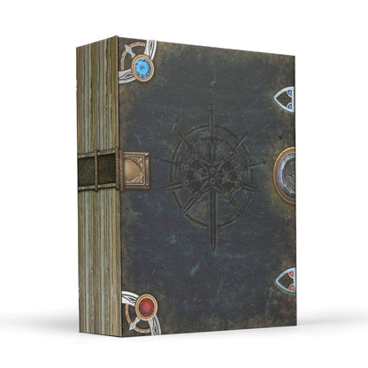Rear view of "Call to Adventure: The Stormlight Archive" featuring An ancient, dark leather grimoire with a central sword-and-star emblem, jeweled metal corners, and a clasp. Worn, textured cover