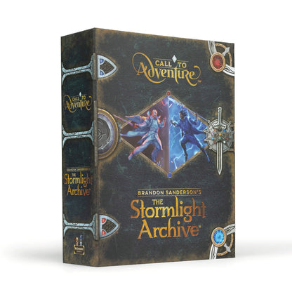A dark, ornate game box for "Call to Adventure: The Stormlight Archive". Cover depicts two magic-wielding fantasy figures dueling