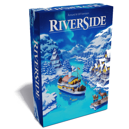 Riverside board game box cover with illustrated cruise ship and snowy landscape