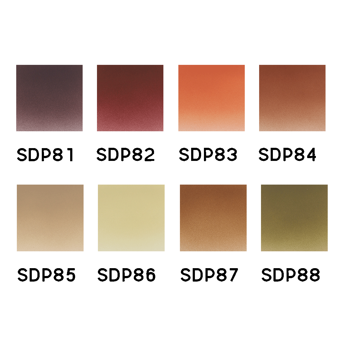 Eight square color swatches, each with a code, display various brown, red, orange, beige, and green tones