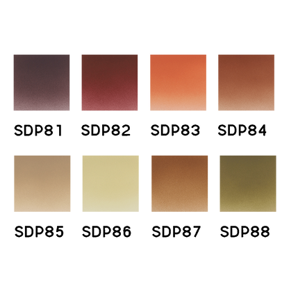 Eight square color swatches, each with a code, display various brown, red, orange, beige, and green tones