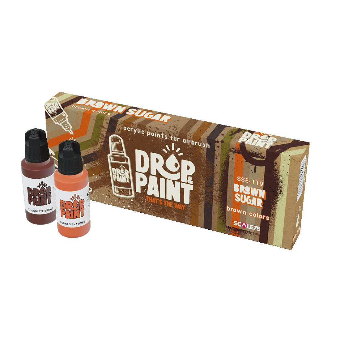 Scale75 Drop & Paint 'Brown Sugar' acrylic airbrush set: a brown box and two bottles, Chocolate Brown and Burnt Sienna Umber
