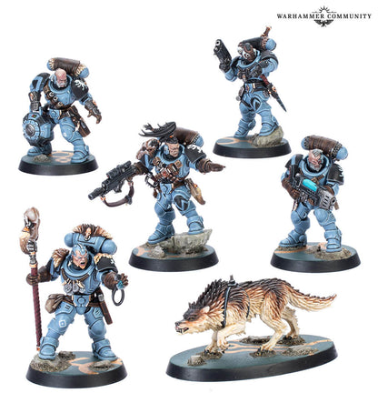 Five Space Wolves miniatures in light blue armor, wielding weapons, alongside a detailed brown wolf model