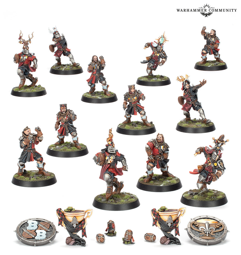 Painted Blood Bowl team miniatures (12 players) in red/black uniforms, plus tokens and trophies