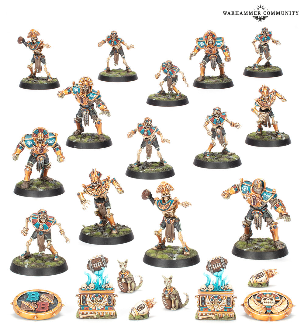 Blood Bowl Khemri team miniatures: skeletal players in Egyptian armor, plus accessories and tokens